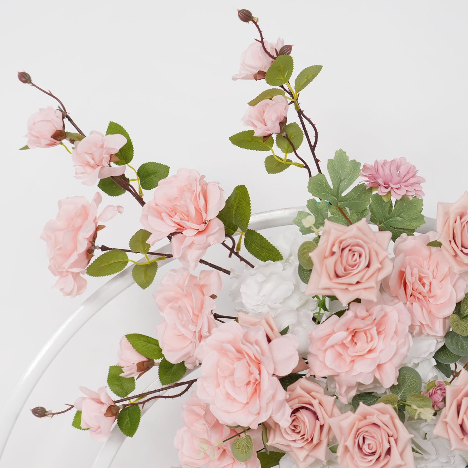 Uflower Artificial Pink Rose Green Leaf Flower Row Wedding KT Backdrop Decor